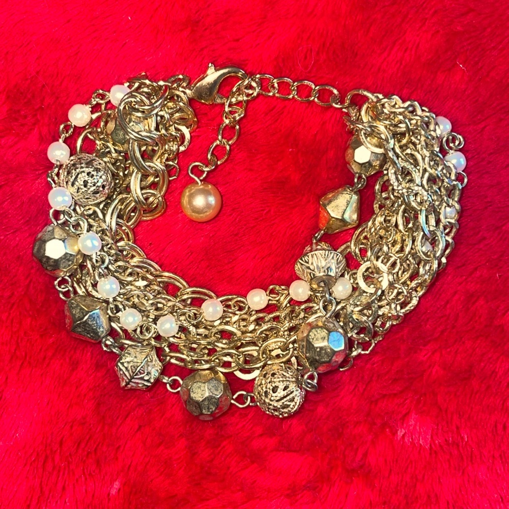 Gorgeous Beaded Multi Chain Bead and Charm Statement Bracelet Goldtone
